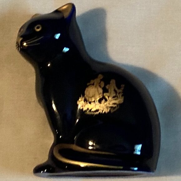 VTG Limoges Castel France Cobalt Blue Porcelain Cat/Kitten Figurine 22K Gold-NOS - Picture 2 of 10